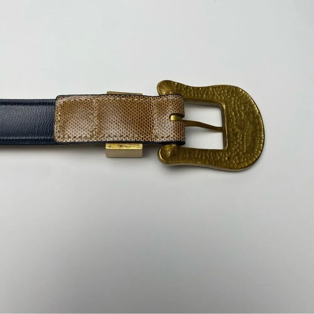 Riki Designs Genuine Leather Snakeskin Belt Gold Aztec Buckle Women's Size XL